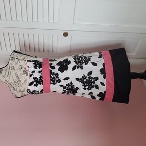 Sleeveless White Floral Dress with black floral accents pink ribbon Size 1 dance